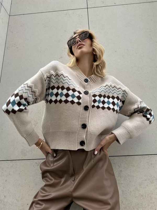 Argyle Check Knit Cropped Cardigan Cardigans | Chuzko.com