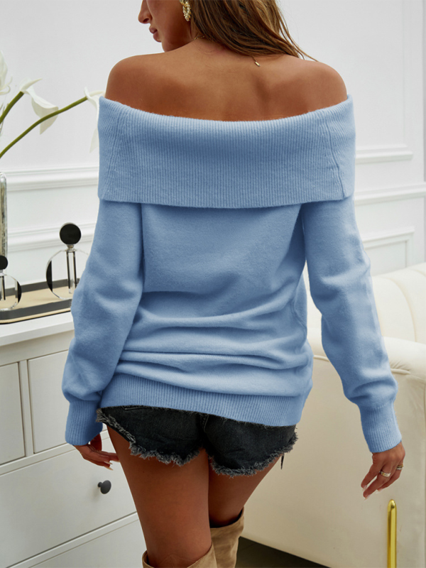 Folded Collar Off-Shoulder Knit Pullover Sweaters Tops | Chuzko.com