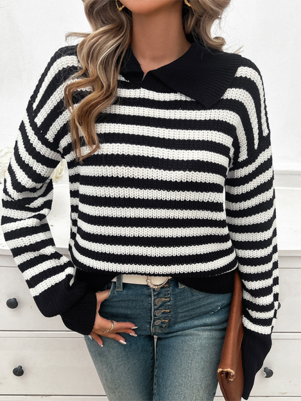 Striped Knit Sweater with Wide Solid Collar Sweaters | Chuzko.com