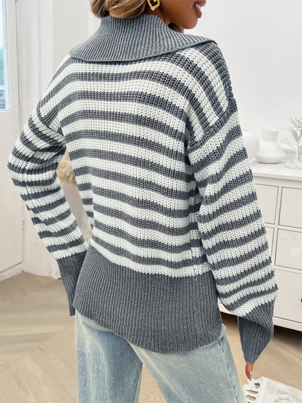 Striped Knit Sweater with Wide Solid Collar Sweaters | Chuzko.com