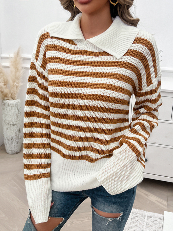 Striped Knit Sweater with Wide Solid Collar Sweaters | Chuzko.com