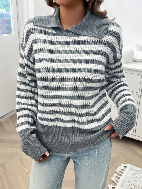 Striped Knit Sweater with Wide Solid Collar Sweaters | Chuzko.com