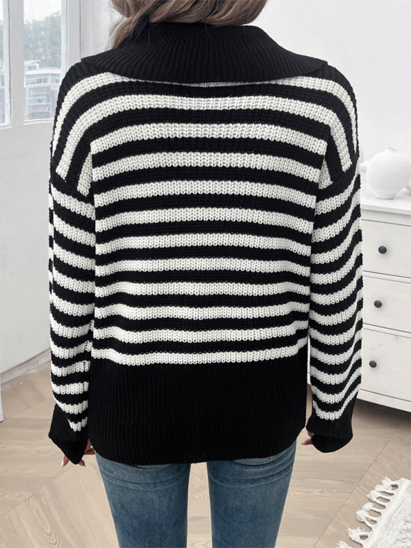 Striped Knit Sweater with Wide Solid Collar Sweaters | Chuzko.com