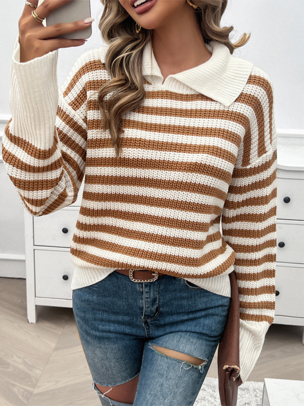 Striped Knit Sweater with Wide Solid Collar Sweaters | Chuzko.com