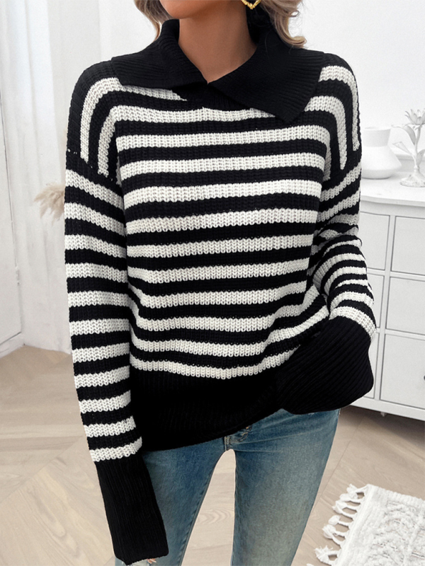 Striped Knit Sweater with Wide Solid Collar Sweaters | Chuzko.com