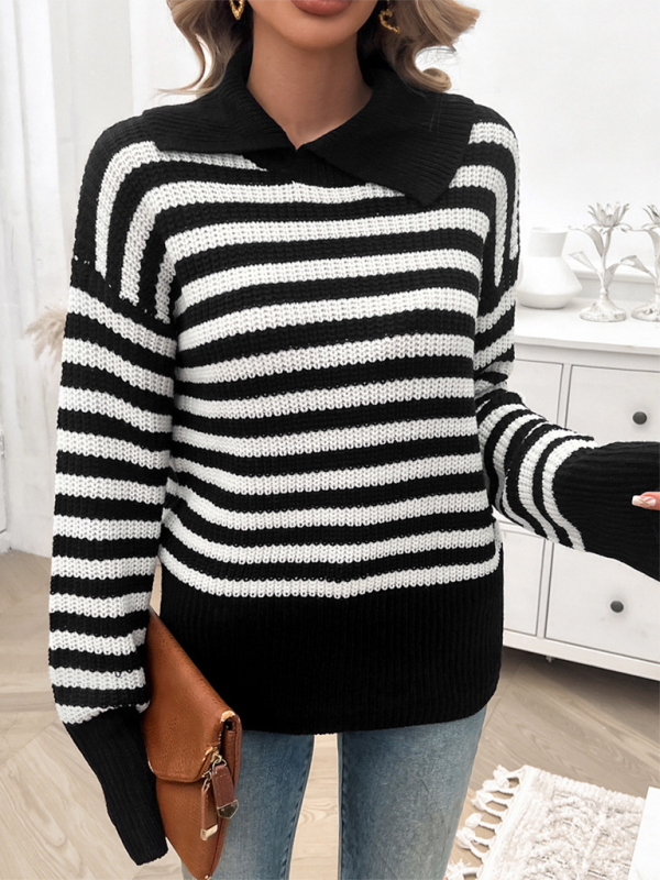 Striped Knit Sweater with Wide Solid Collar Sweaters | Chuzko.com