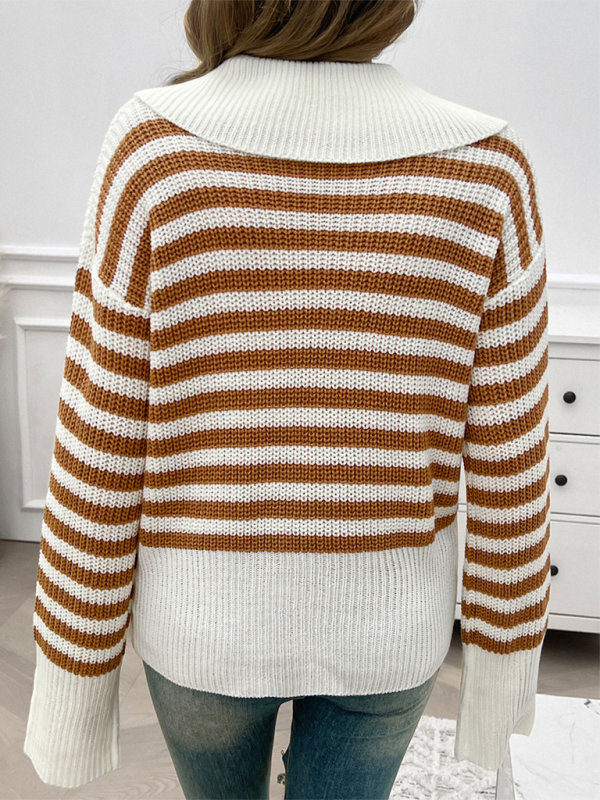 Striped Knit Sweater with Wide Solid Collar Sweaters | Chuzko.com