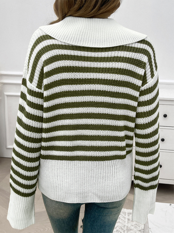 Striped Knit Sweater with Wide Solid Collar Sweaters | Chuzko.com