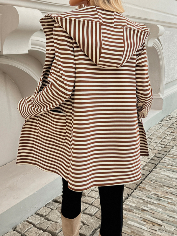 Stripped Hooded Coat with Snap Buttons for Casual Outings Coats | Chuzko.com