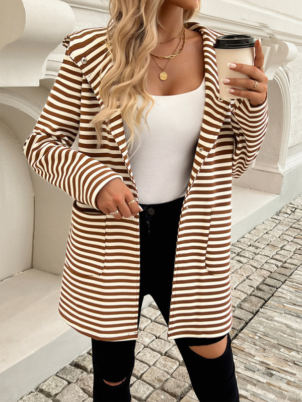 Stripped Hooded Coat with Snap Buttons for Casual Outings Coats | Chuzko.com