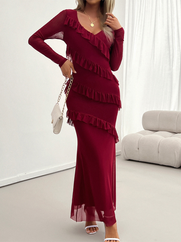 V-Neck Diagonal Ruffle Layered Formal Maxi Dress Maxidresses | Chuzko.com