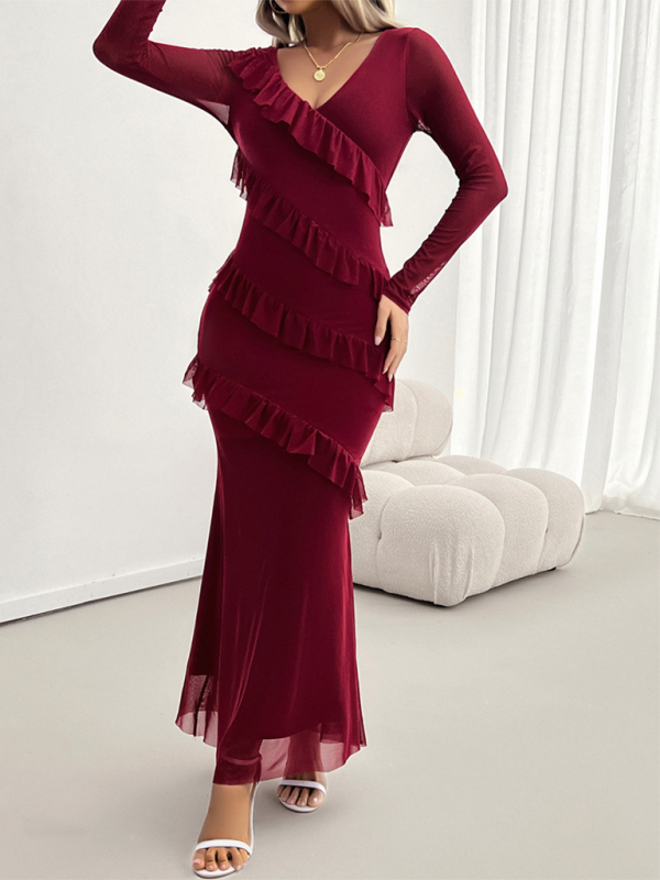 V-Neck Diagonal Ruffle Layered Formal Maxi Dress Maxidresses | Chuzko.com