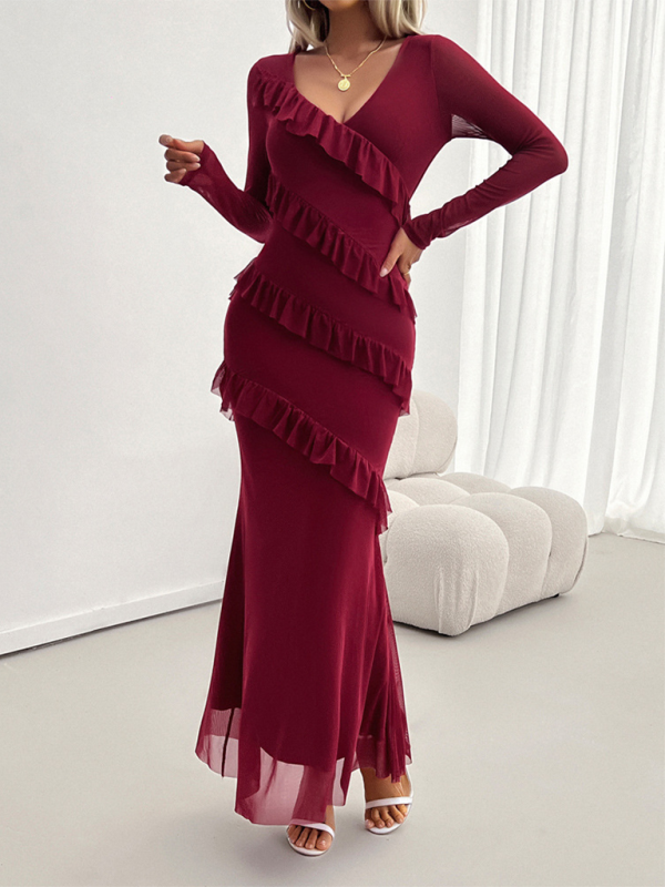 V-Neck Diagonal Ruffle Layered Formal Maxi Dress Maxidresses | Chuzko.com