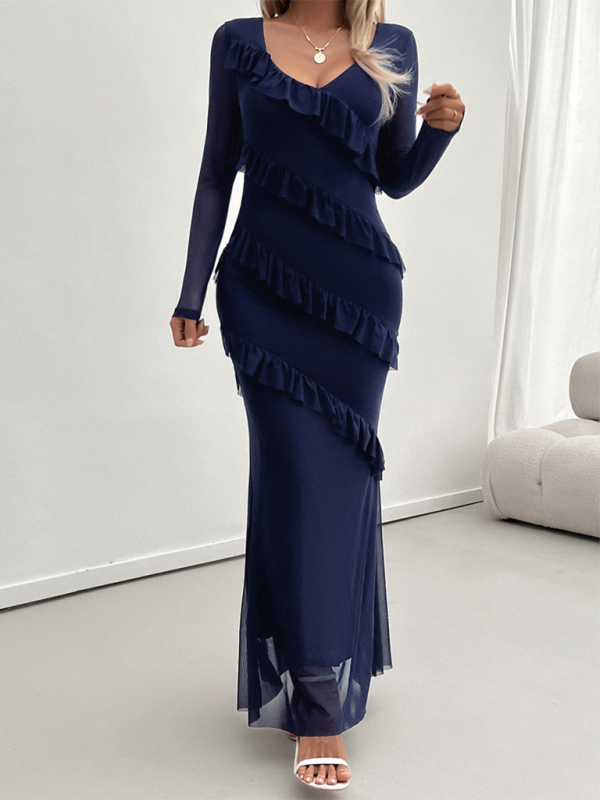 V-Neck Diagonal Ruffle Layered Formal Maxi Dress Maxidresses | Chuzko.com