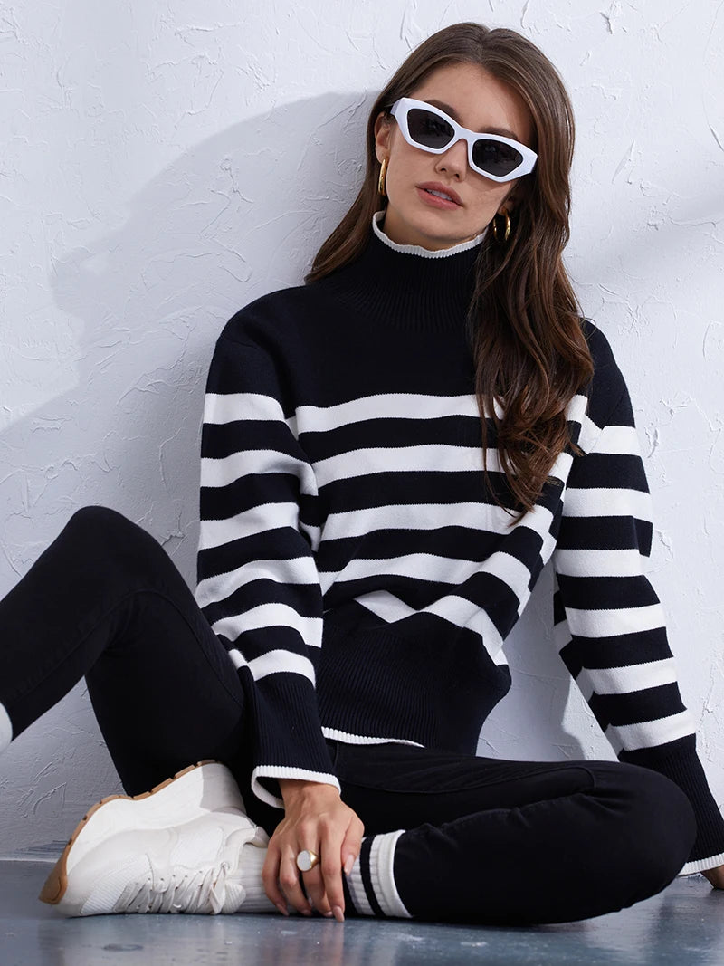 Women's Casual Striped Turtleneck Sweater Sweaters | Chuzko.com