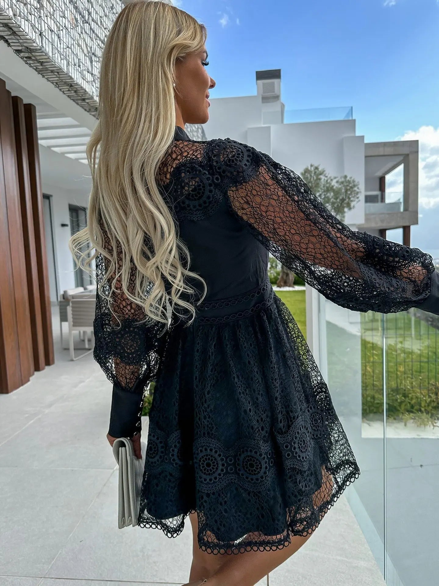 Sheer Lace Bishop Sleeve A-Line Mini Dress Mini Dresses | Chuzko.com