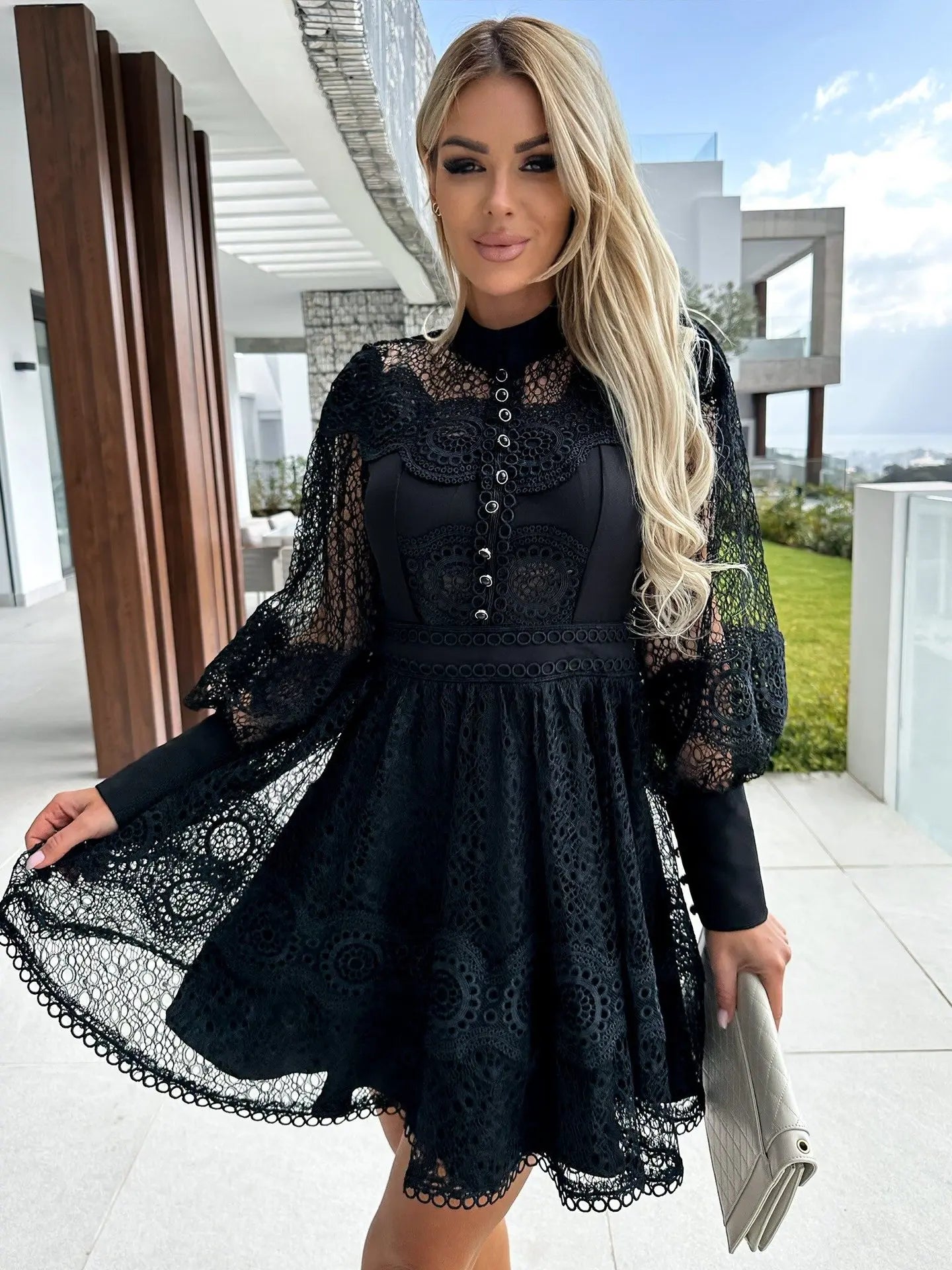 Sheer Lace Bishop Sleeve A-Line Mini Dress Mini Dresses | Chuzko.com