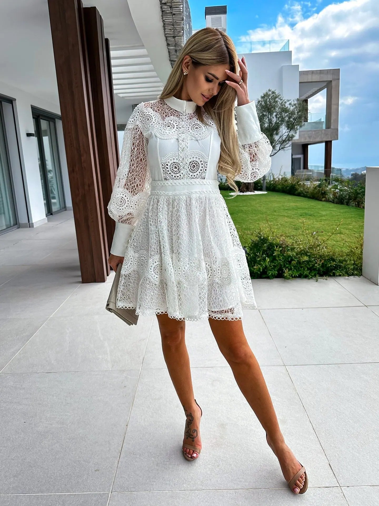 Sheer Lace Bishop Sleeve A-Line Mini Dress	