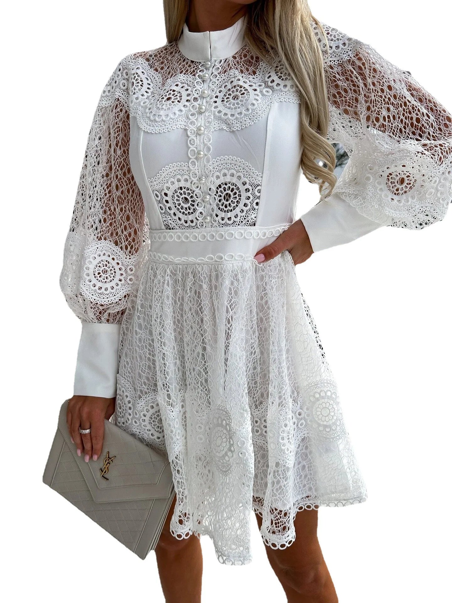 Sheer Lace Bishop Sleeve A-Line Mini Dress Mini Dresses | Chuzko.com