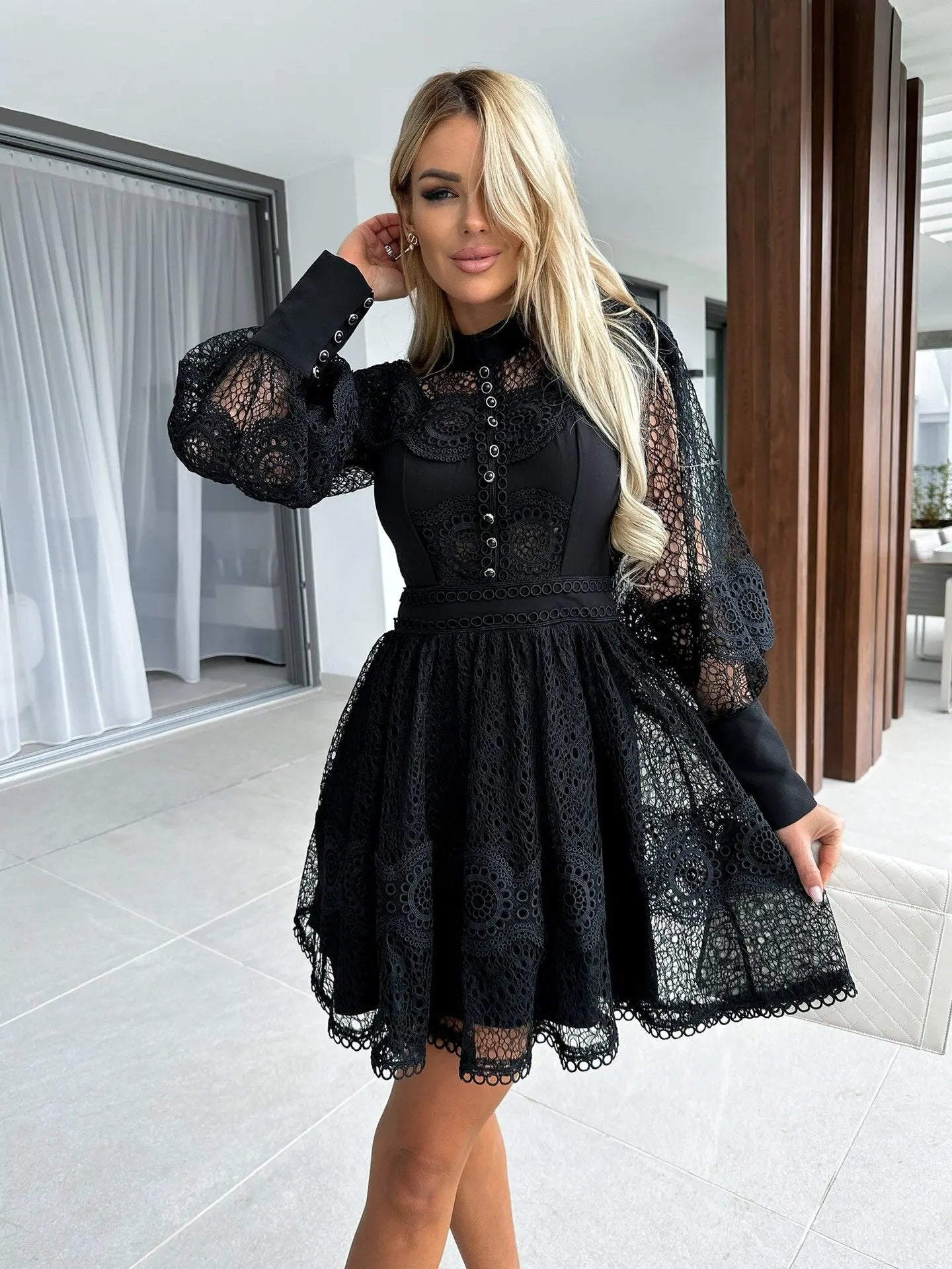 Sheer Lace Bishop Sleeve A-Line Mini Dress Mini Dresses | Chuzko.com