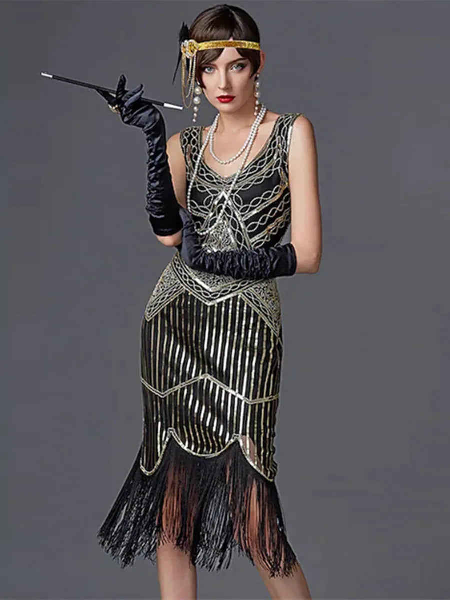 1920s Flapper Dress Great Gatsby Dress Black Sequin Party Dress | Chuzko.com