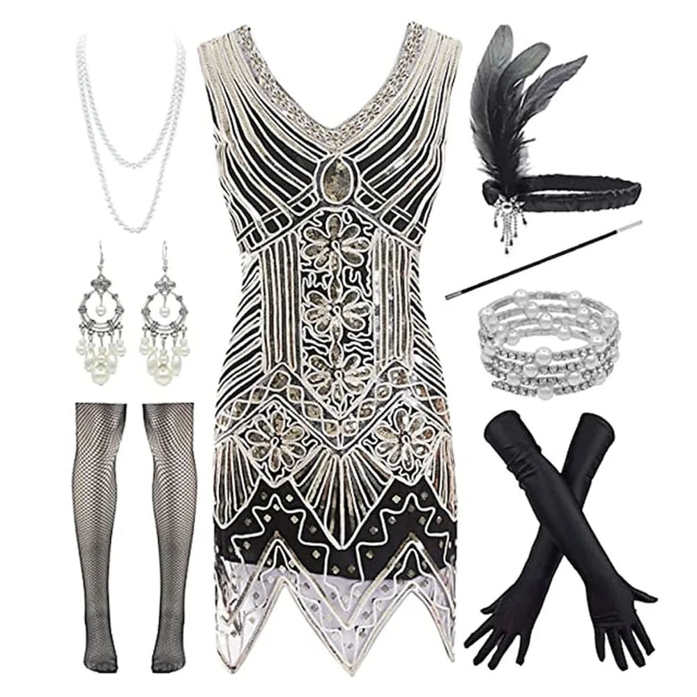 Retro 20s 1920s Flapper Dress Set! Sequined Tassel Fringe Dress | Chuzko.com