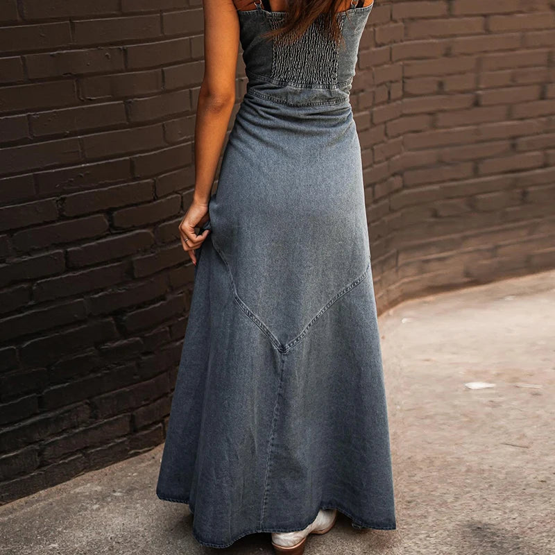 Western Denim Maxi Dress with Front Slit Denim Dresses | Chuzko.com