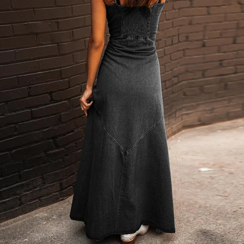 Western Denim Maxi Dress with Front Slit Denim Dresses | Chuzko.com