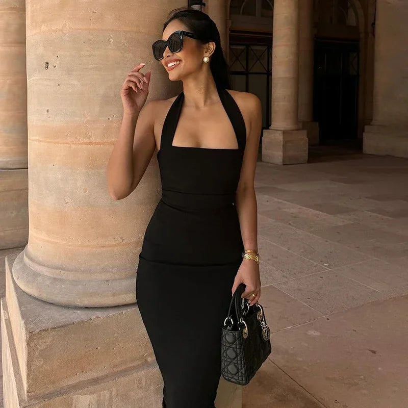 Slim Fit Black Backless Halter Dress Halter Dresses | Chuzko.com