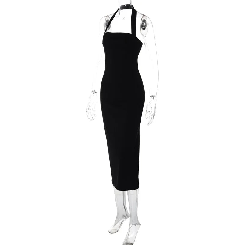 Slim Fit Black Backless Halter Dress Halter Dresses | Chuzko.com