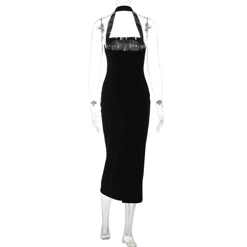 Slim Fit Black Backless Halter Dress Halter Dresses | Chuzko.com