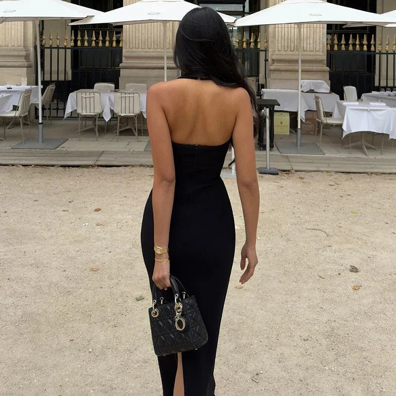 Slim Fit Black Backless Halter Dress Halter Dresses | Chuzko.com