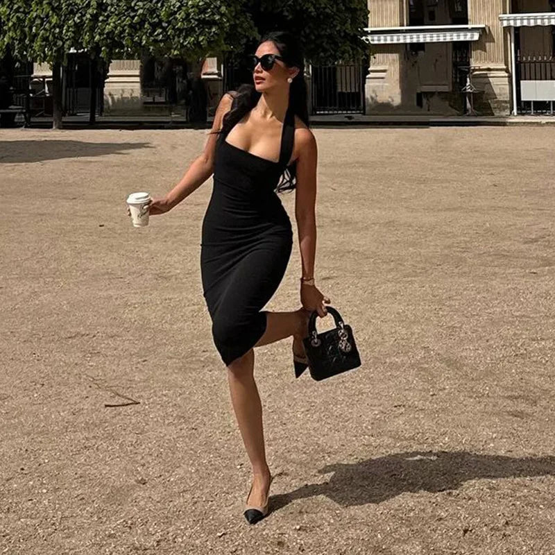 Slim Fit Black Backless Halter Dress Halter Dresses | Chuzko.com