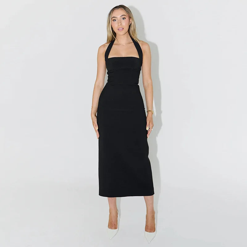 Slim Fit Black Backless Halter Dress Halter Dresses | Chuzko.com