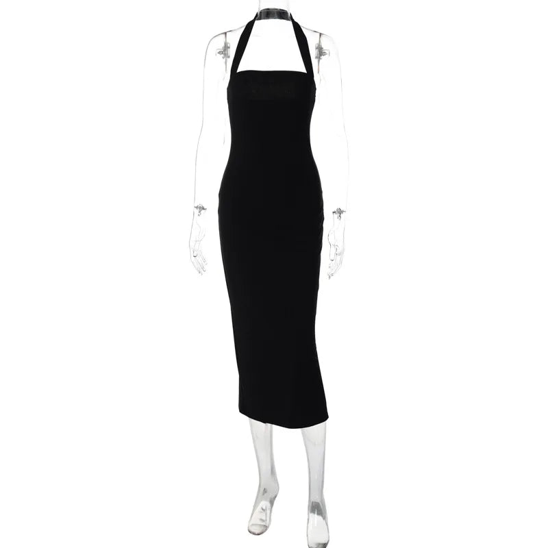 Slim Fit Black Backless Halter Dress Halter Dresses | Chuzko.com