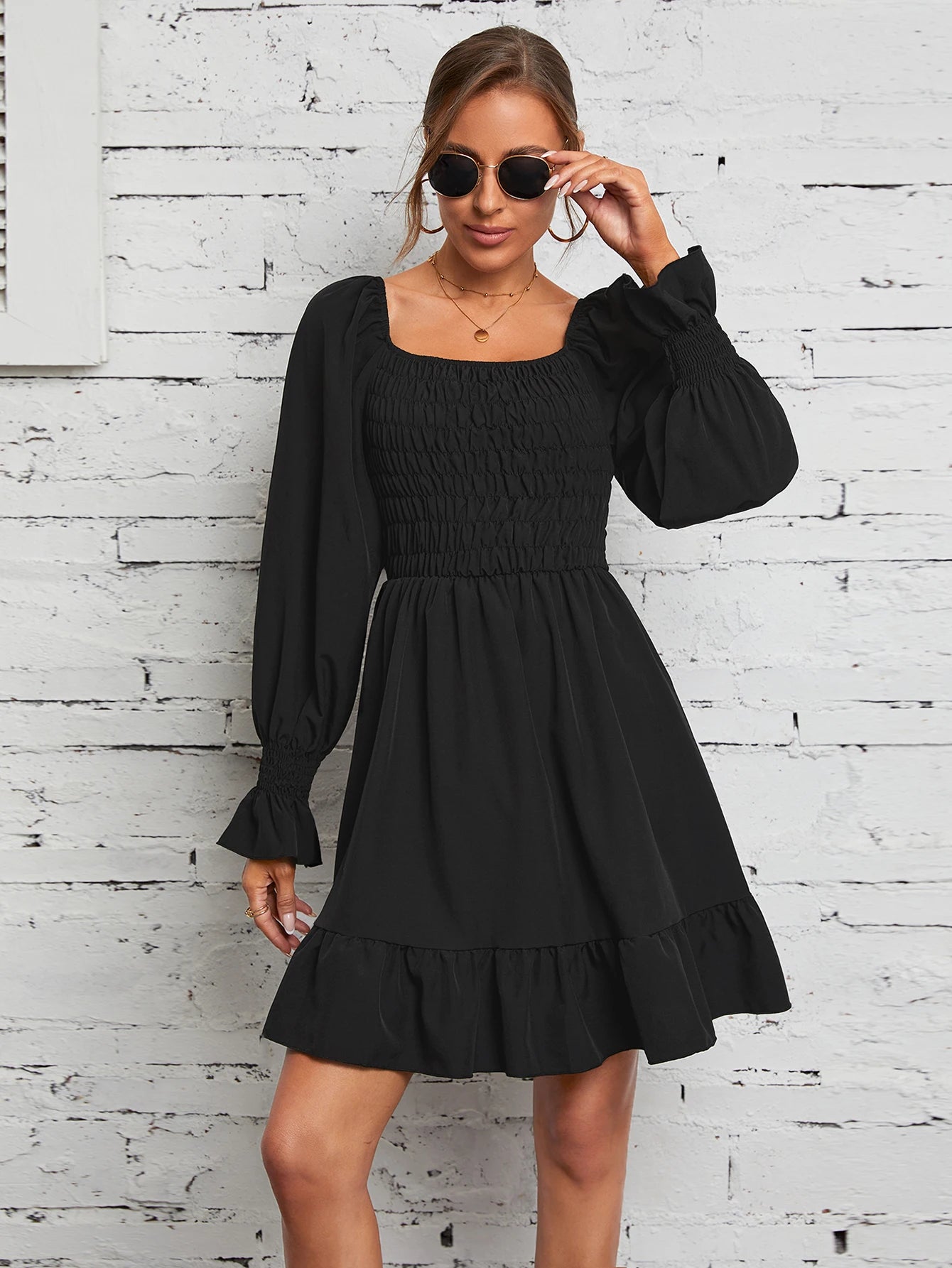 Square Neck Poet Sleeves Smocked Mini Dress Smocked Mini Dresses | Chuzko.com