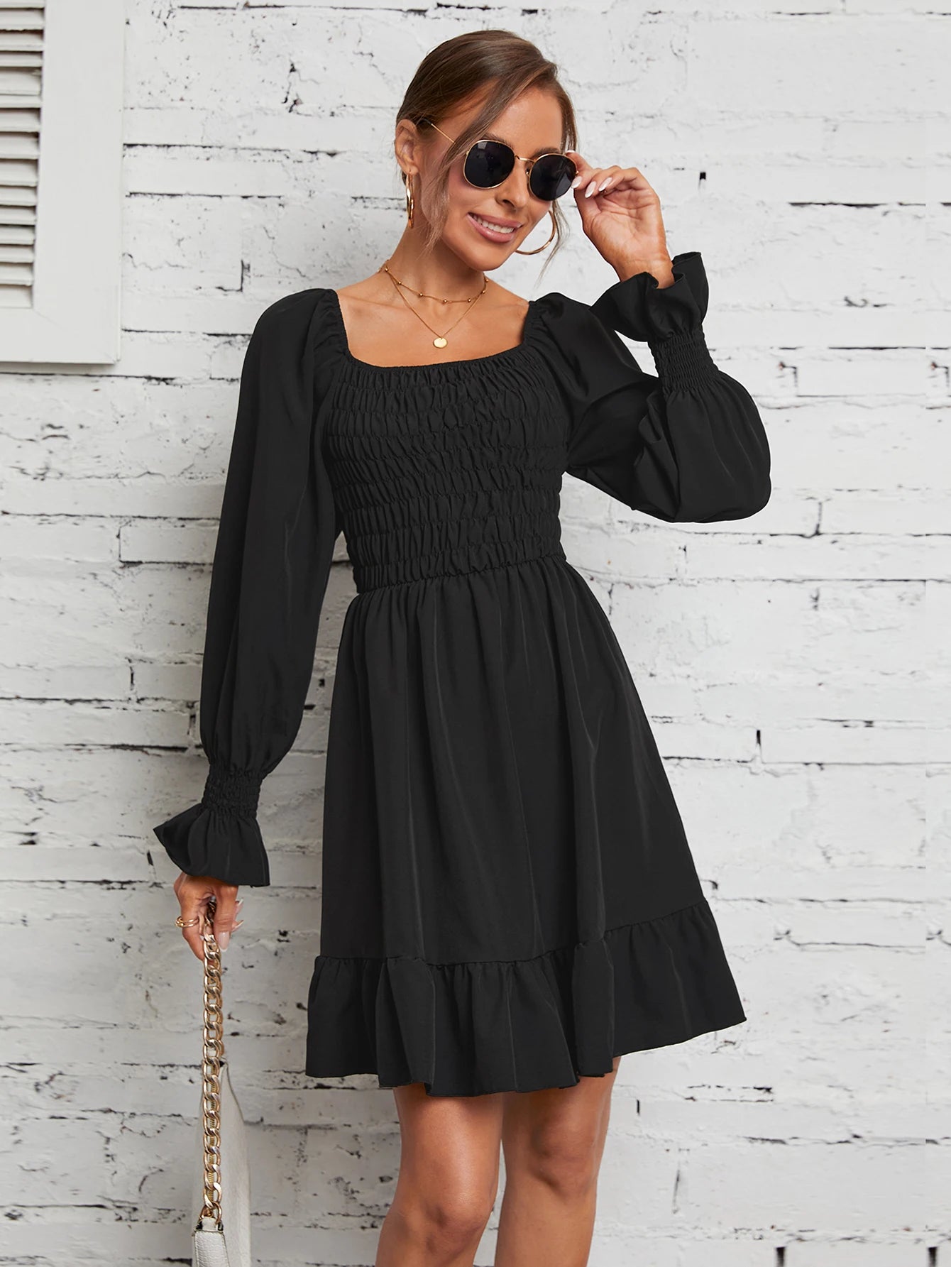 Square Neck Poet Sleeves Smocked Mini Dress Smocked Mini Dresses | Chuzko.com