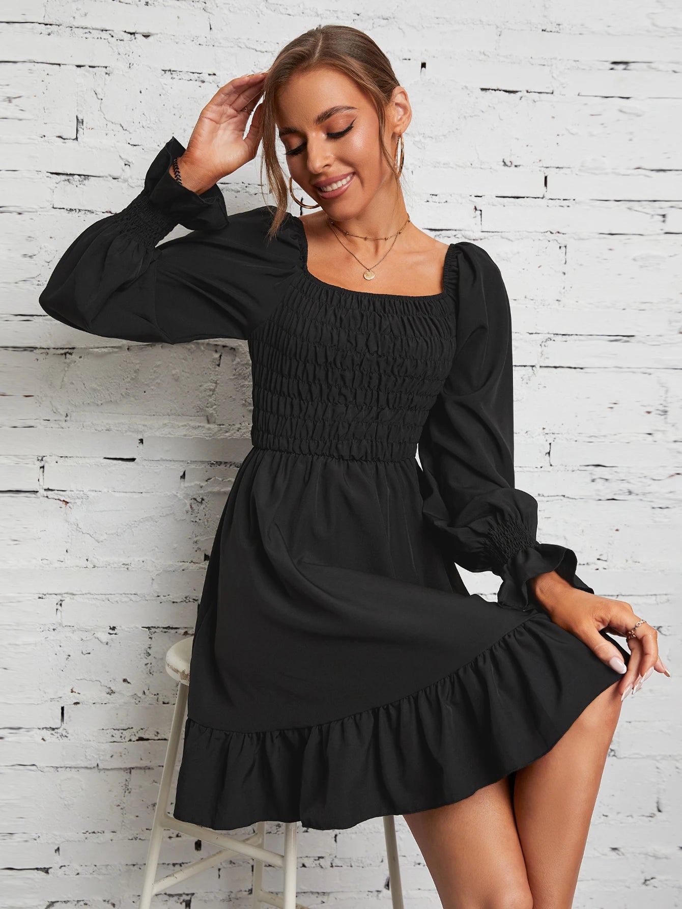 Square Neck Poet Sleeves Smocked Mini Dress Smocked Mini Dresses | Chuzko.com