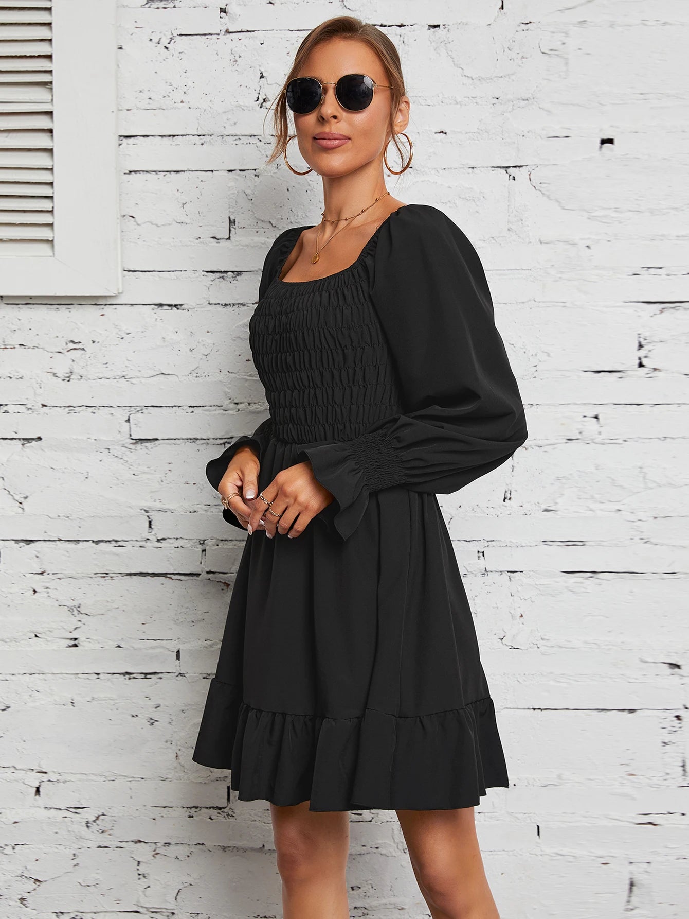 Square Neck Poet Sleeves Smocked Mini Dress Smocked Mini Dresses | Chuzko.com