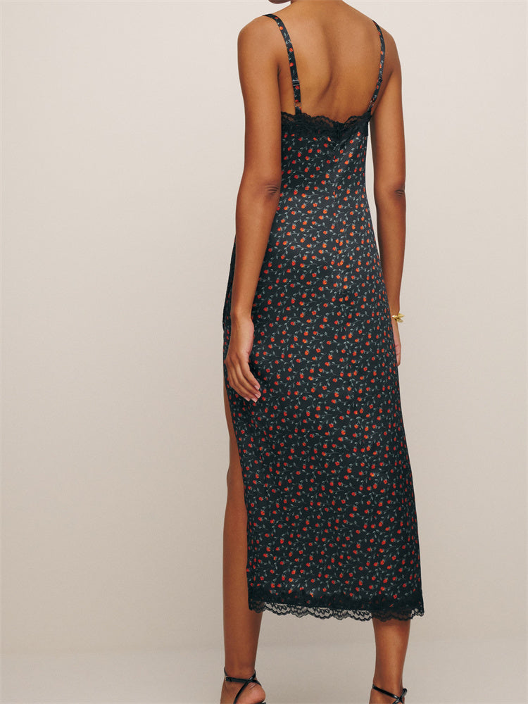 Floral Print Midi Satin Slip Dress with Slit and Lace Detailing | Chuzko.com