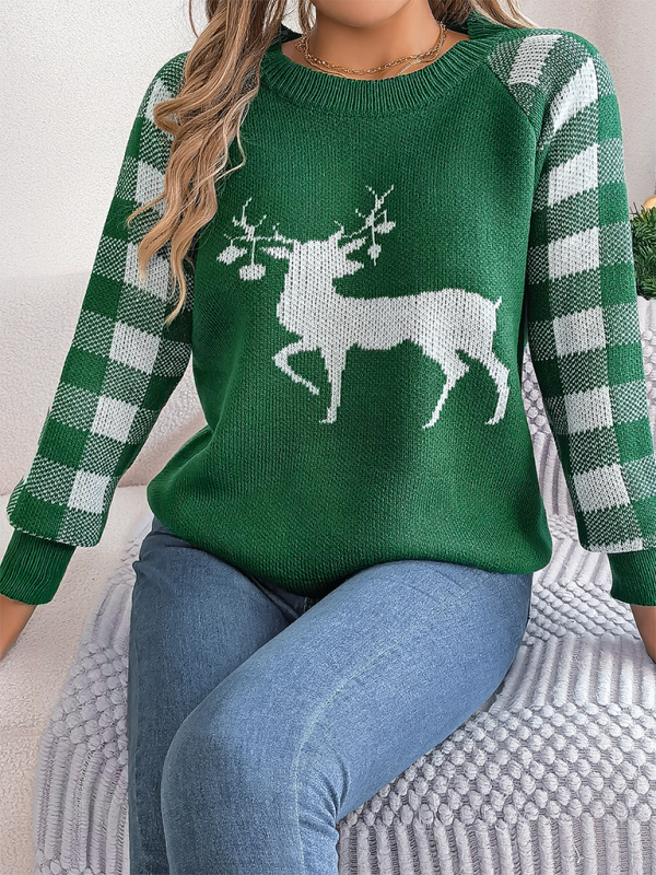 Christmas Reindeer Knit Sweater - Plaid Long Sleeves Christmas | Chuzko.com