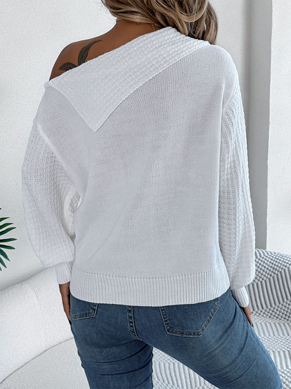 Asymmetric Lapel Off-shoulder Cable Knit Long Sleeve Sweaters | Chuzko.com