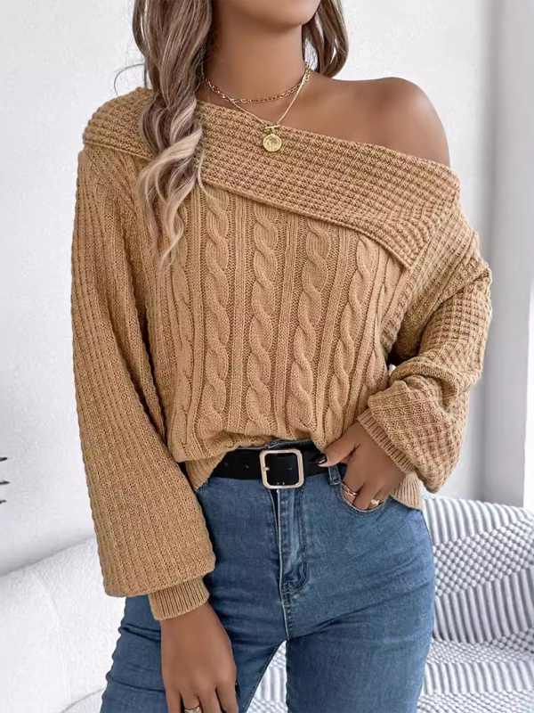 Asymmetric Lapel Off-shoulder Cable Knit Long Sleeve Sweaters | Chuzko.com