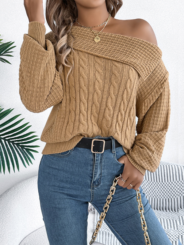 Asymmetric Lapel Off-shoulder Cable Knit Long Sleeve Sweaters | Chuzko.com