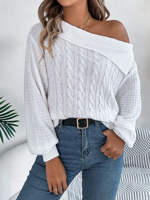 Asymmetric Lapel Off-shoulder Cable Knit Long Sleeve Sweaters | Chuzko.com