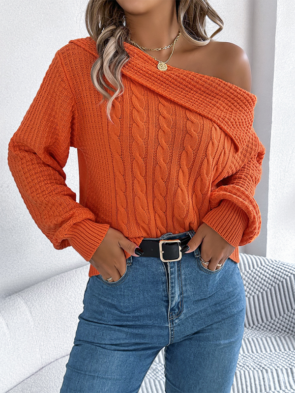 Asymmetric Lapel Off-shoulder Cable Knit Long Sleeve Sweaters | Chuzko.com