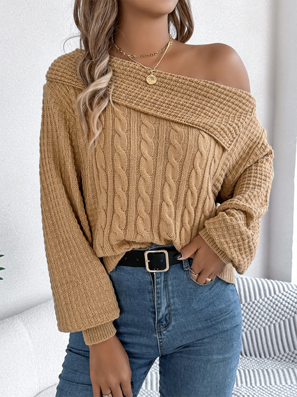 Asymmetric Lapel Off-shoulder Cable Knit Long Sleeve Sweaters | Chuzko.com