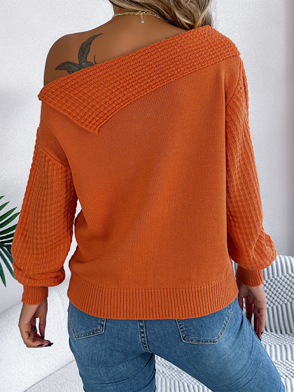 Asymmetric Lapel Off-shoulder Cable Knit Long Sleeve Sweaters | Chuzko.com