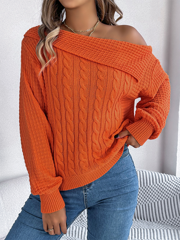 Asymmetric Lapel Off-shoulder Cable Knit Long Sleeve Sweaters | Chuzko.com