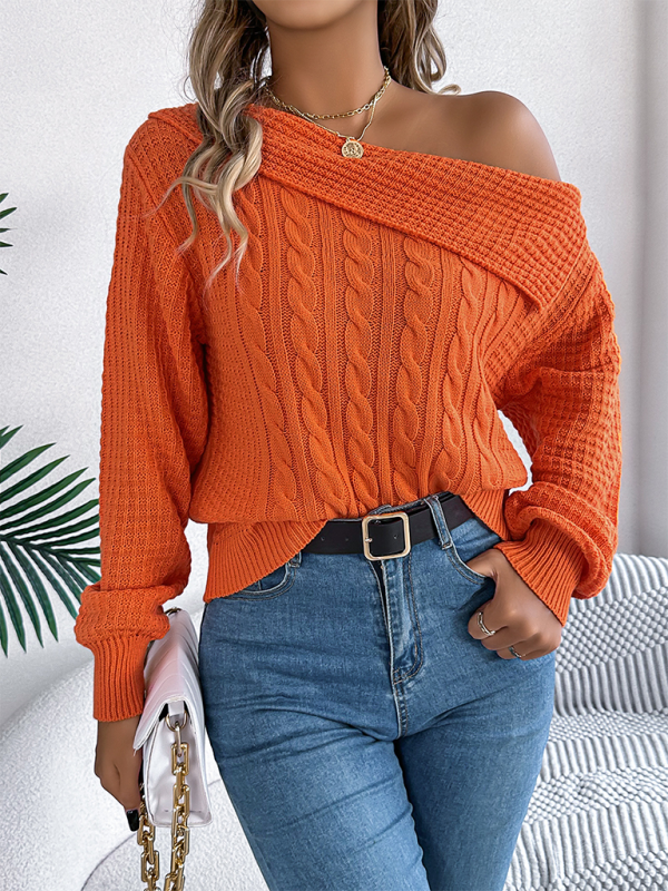 Asymmetric Lapel Off-shoulder Cable Knit Long Sleeve Sweaters | Chuzko.com